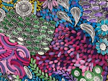 Load image into Gallery viewer, "Awelye" Karen Bird Ngale 99cm x 88cm close-up of a colorful abstract floral artwork with dense painted textures in pink, purple, blue, green, white, and black.
