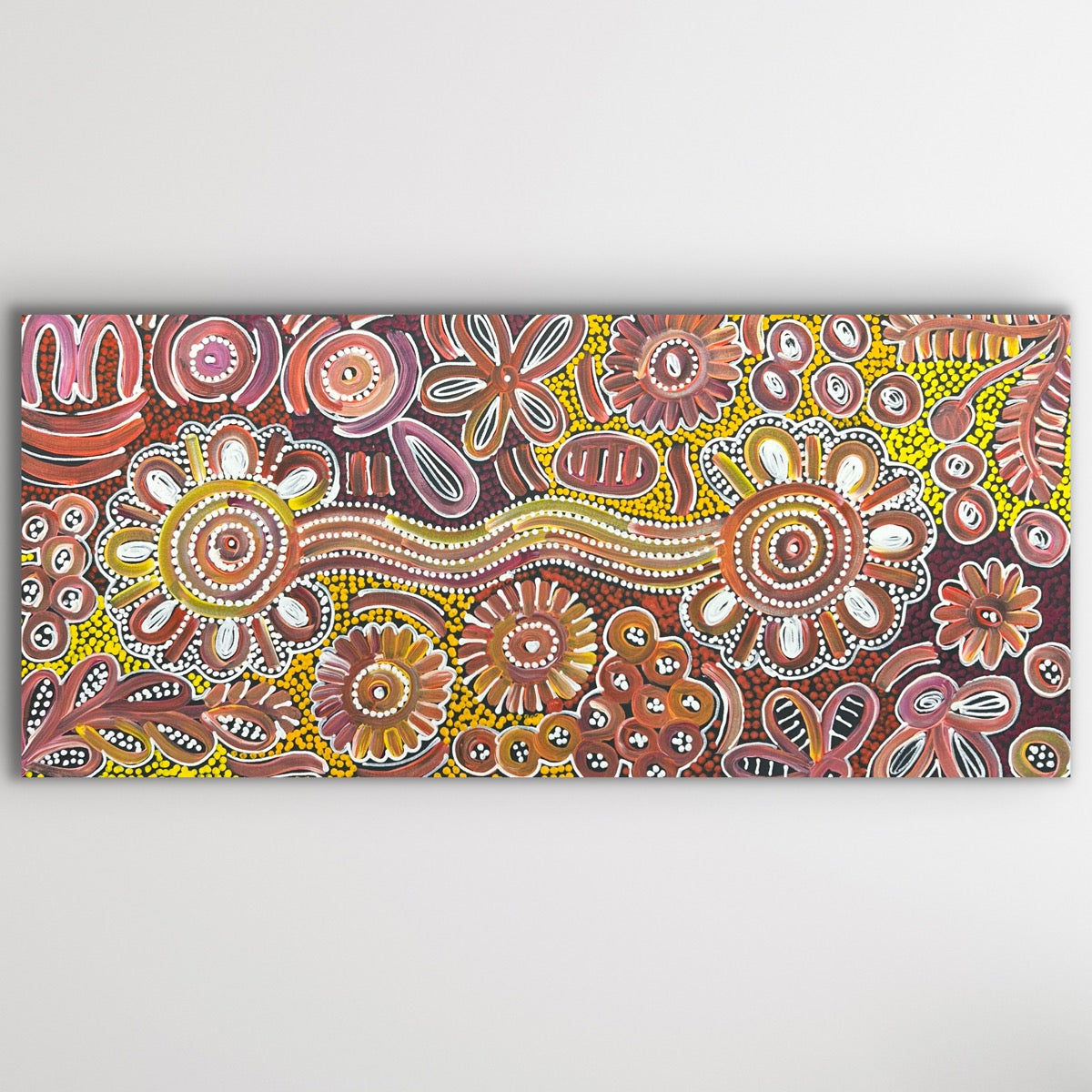 "Bush Flowers" original Aboriginal painting by Bernadine Johnson Kemarre, 78cm x 36cm - authentic Indigenous Australian artwork
