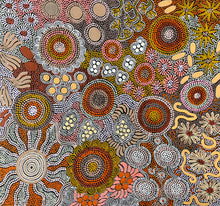 Load image into Gallery viewer, "Budgerigar and Bush Tucker Story" original Aboriginal painting by Julieanne Nungurrayi Turner, 81cm x 75cm - authentic Indigenous Australian artwork
