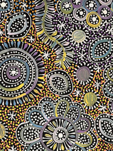 Load image into Gallery viewer, Colorful indigenous  pattern with circles and floral elements on a black background
