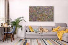 Load image into Gallery viewer, Belinda Golder Kngwarreye 154cm x 94cm My Country purple yellow pink and green contemporary Aboriginal artwork displayed in modern room.
