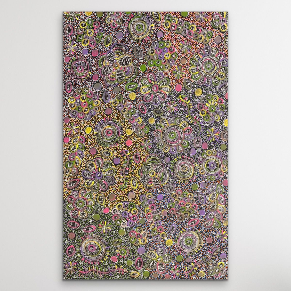 Aboriginal painting Belinda Golder Kngwarreye 154cm x 94cm My Country displayed on white wall featuring flowers, seeds and bush tuckers from Utopia