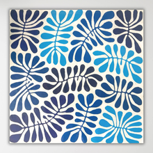 Load image into Gallery viewer, "Bended Acacia Leaves (Watiya Tjuta)" Debra Nangala McDonald 118cm x 118cm in shades of blue, navy, and purple on a white background, shown against a light gray wall.
