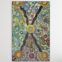 Load image into Gallery viewer, Colorful Bernadine Johnson Kemarre artwork with intricate patterns on a plain background
