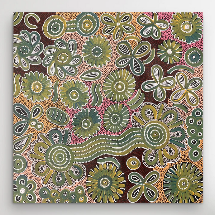 Decorative art with a stylized floral and design on a brown/black  background.