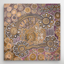 Load image into Gallery viewer, painting with intricate patterns in brown, yellow, and purple on a black background
