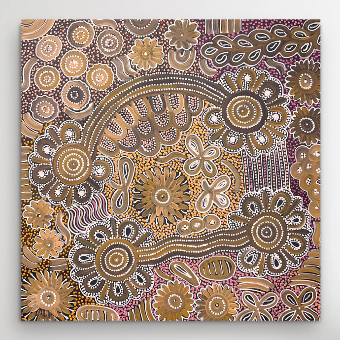 painting with intricate patterns in brown, yellow, and purple on a black background