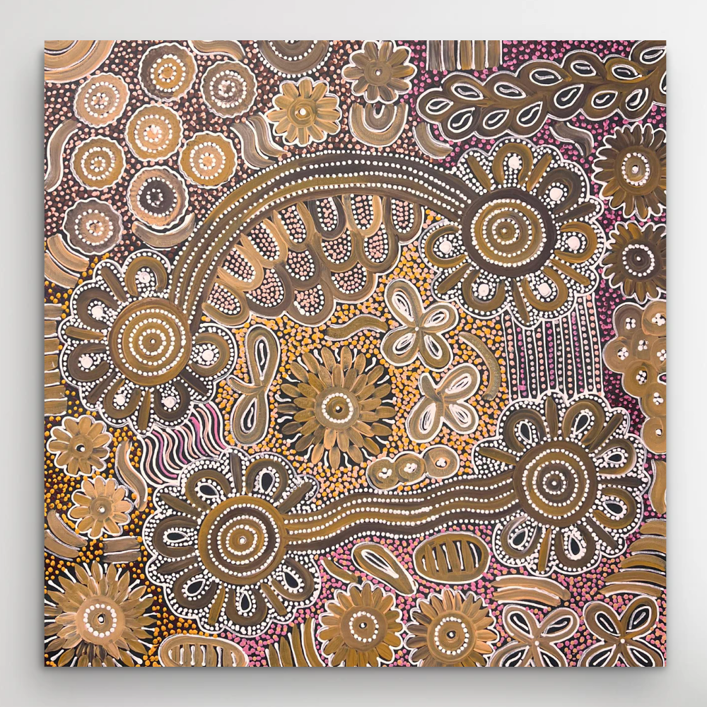 painting with intricate patterns in brown, yellow, and purple on a black background