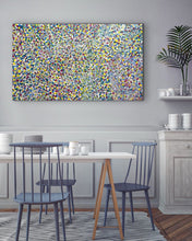 Load image into Gallery viewer,  Bessie Pitjara 161cm x 94cm Bush Plum Colourful Aboriginal Artwork shown on wall

