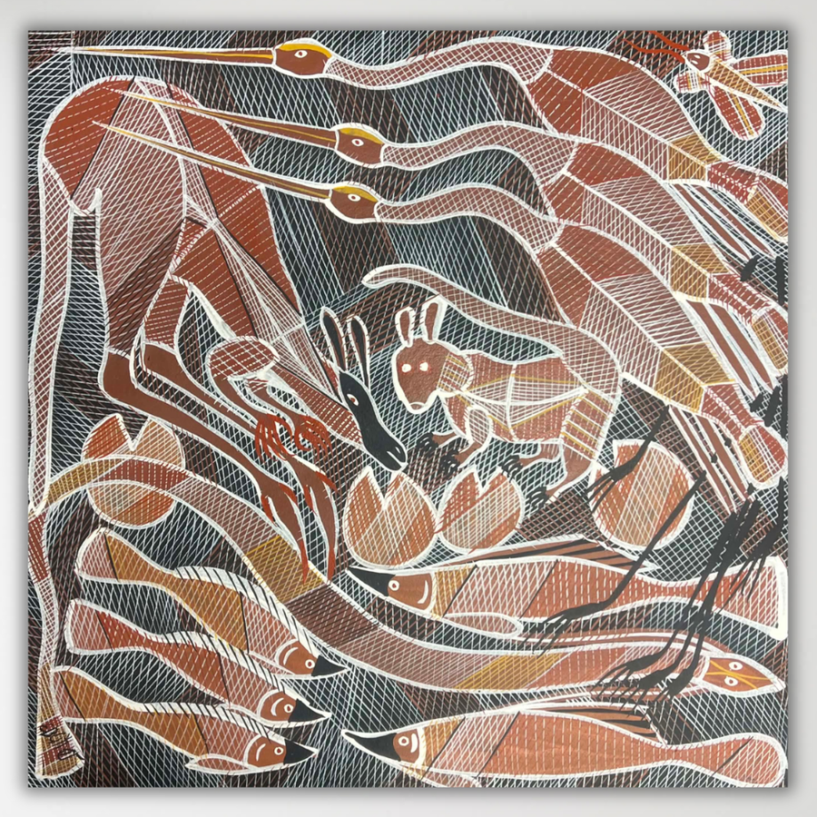 "Billabong Story" Eddie Blitner 59cm x 59cm n with fish, a rabbit, and abstract figures in terracotta, rust, tan, black, and off-white on a dark charcoal background.