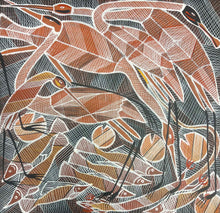 Load image into Gallery viewer, "Billabong Story" Eddie Blitner 59cm x 59cm, hand-drawn birds and leaves in terracotta, brown, orange, black, and white.
