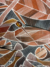 Load image into Gallery viewer, "Billabong Story" Eddie Blitner 59cm x 59cm artwork depicting a bird in profile, rendered with geometric shapes, fine cross-hatching, and warm earth tones including terracotta, brown, black, white, and touches of yellow and orange.
