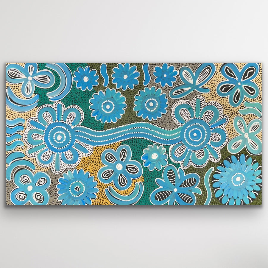 "Bush Flowers" original Aboriginal painting by Bernadine Johnson Kemarre, 70cm x 41cm - authentic Indigenous Australian artwork