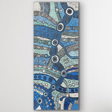 Load image into Gallery viewer, Close-up showing layered ocean-blue tones, curved lines and dot clusters
