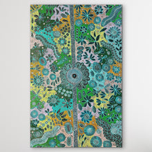 Load image into Gallery viewer, Colourful floral Aboriginal art "Bush Flowers" Bernadine Johnson Kemarre 145cm x 95cm
