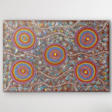 Load image into Gallery viewer, Rectangular painting showing the Budgerigar Dreaming story, featuring radiating circular forms and bright desert tones.
