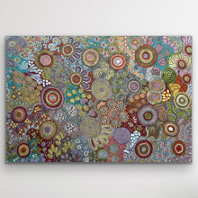 Load image into Gallery viewer, Full image of Budgerigar Dreaming by Julieanne Nungurrayi Turner, rich in ochre, cream and earthy pastel dot work.
