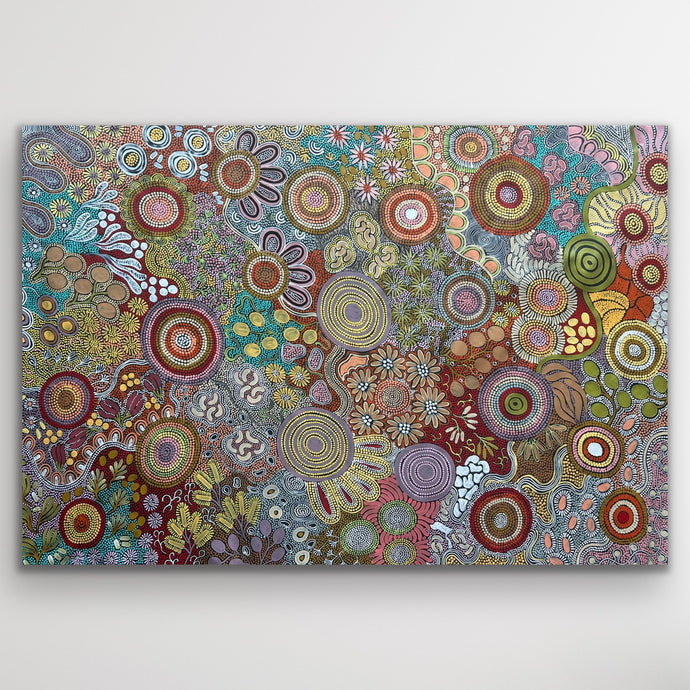 Full image of Budgerigar Dreaming by Julieanne Nungurrayi Turner, rich in ochre, cream and earthy pastel dot work.