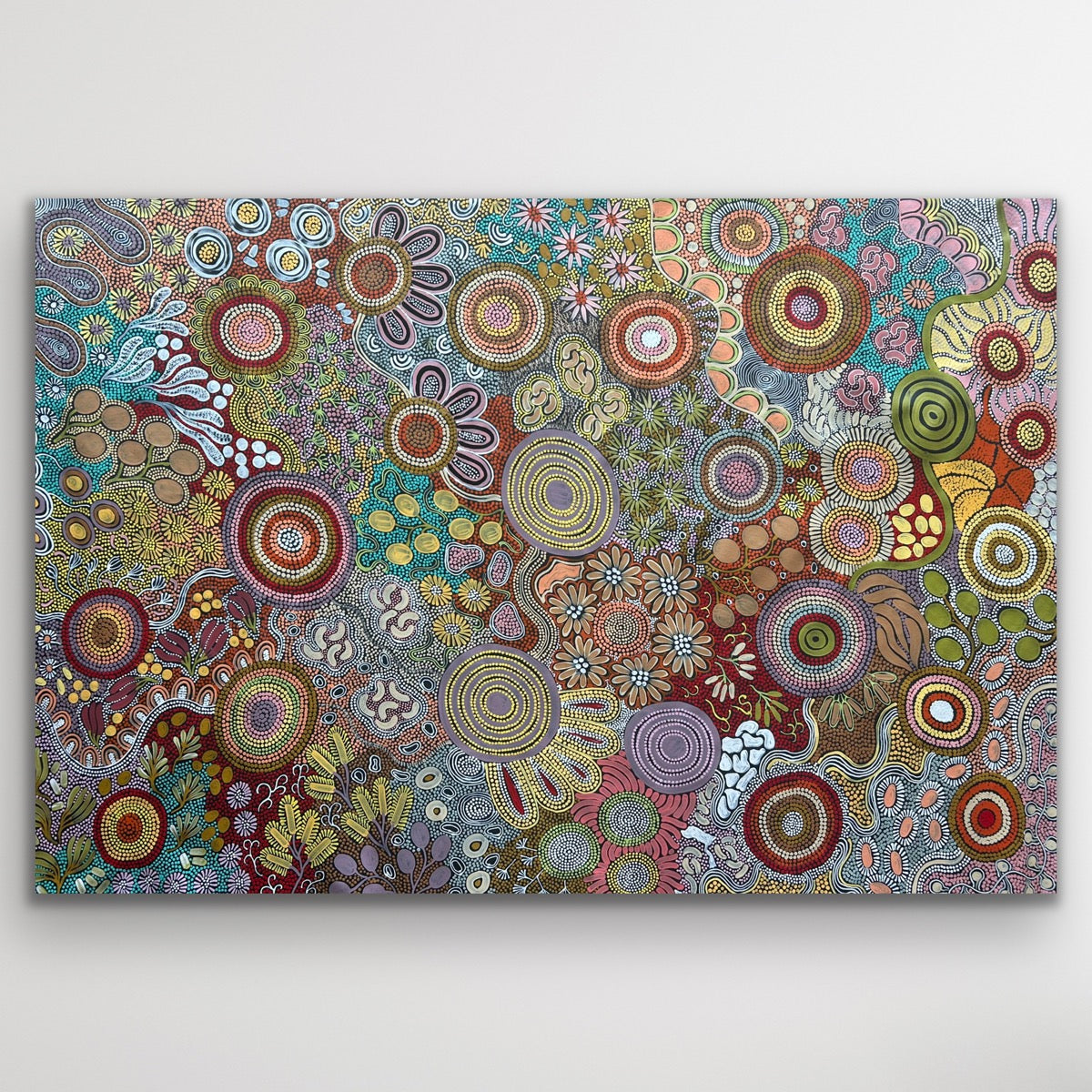 Full image of Budgerigar Dreaming by Julieanne Nungurrayi Turner, rich in ochre, cream and earthy pastel dot work.