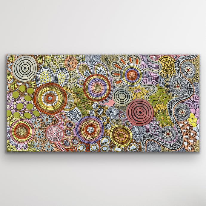 Budgerigar Dreaming & Bush Tucker Aboriginal painting by Julieanne Nungarrayi Turner, featuring vibrant dot work and storytelling design