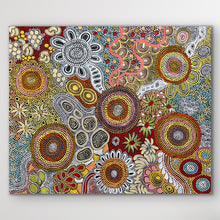 Load image into Gallery viewer, Budgerigar Dreaming &amp; Bush Tucker Aboriginal painting by Julieanne Nungarrayi Turner, featuring dot work and symbolic Dreamtime story
