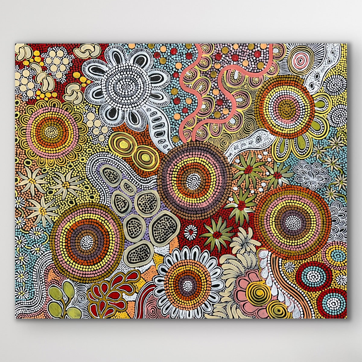 Budgerigar Dreaming & Bush Tucker Aboriginal painting by Julieanne Nungarrayi Turner, featuring dot work and symbolic Dreamtime story