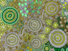 Load image into Gallery viewer, Detailed close up of Budgerigar Dreaming Wild Green Country Aboriginal print artwork
