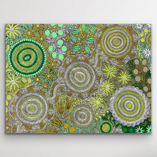 Load image into Gallery viewer, Landscape view of Budgerigar Dreaming Wild Green Country Aboriginal print reproduction
