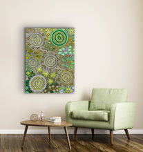 Load image into Gallery viewer, Budgerigar Dreaming Wild Green Country Aboriginal art print featured in minimalist home decor
