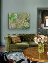 Load image into Gallery viewer, Budgerigar Dreaming Wild Green Country Aboriginal art print styled with green chair
