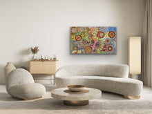 Load image into Gallery viewer, Budgerigar and Bush Tucker Story Aboriginal painting by Julieanne Nungarrayi Turner styled in a contemporary living room.

