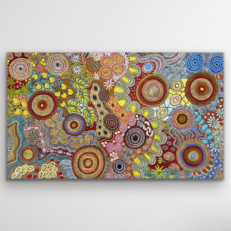 Budgerigar and Bush Tucker Dreaming Aboriginal painting by Julieanne Nungarrayi Turner with rich colours and cultural symbolism.
