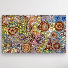 Load image into Gallery viewer, Budgerigar and Bush Tucker Dreaming Aboriginal painting by Julieanne Nungarrayi Turner with rich colours and cultural symbolism.

