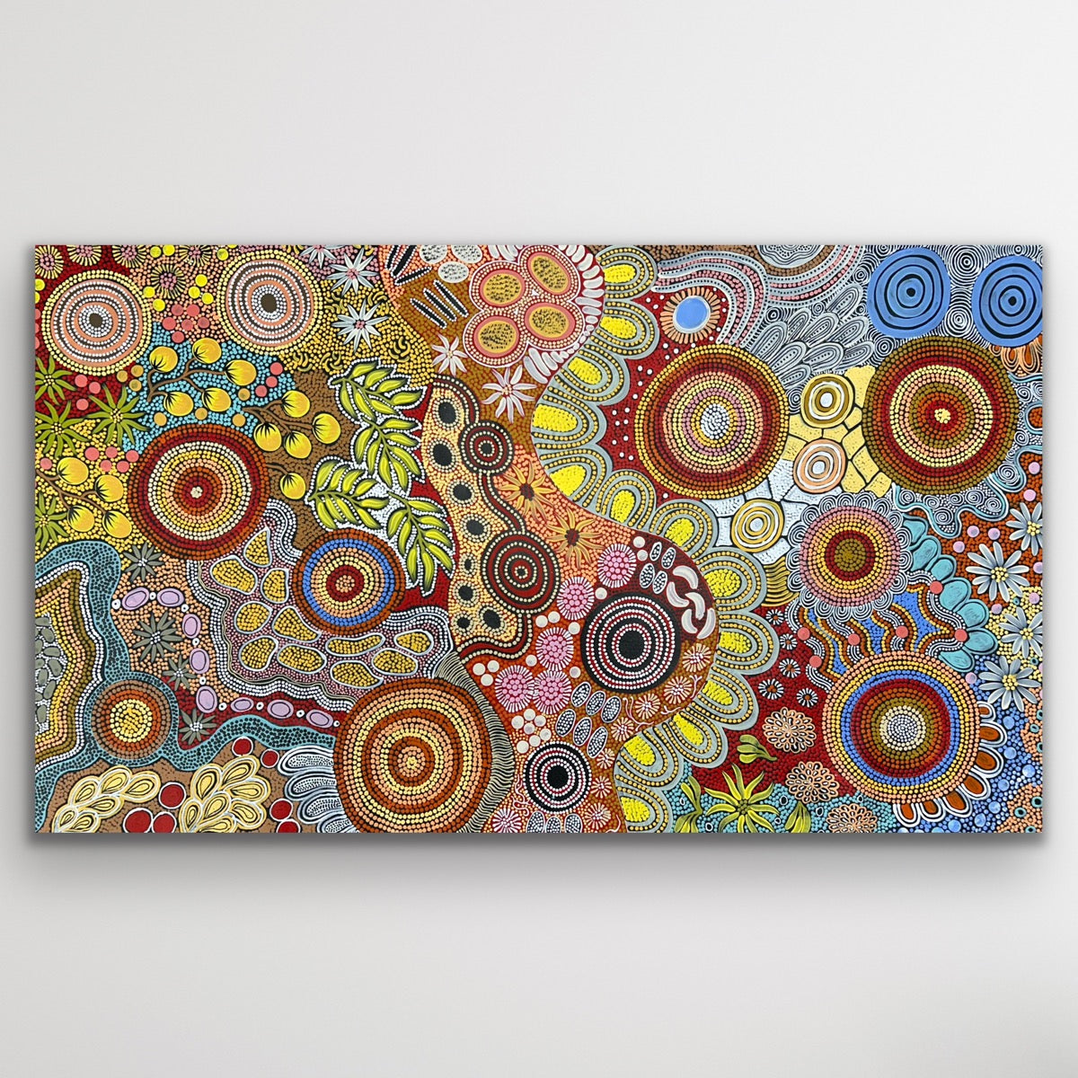 Budgerigar and Bush Tucker Dreaming Aboriginal painting by Julieanne Nungarrayi Turner with rich colours and cultural symbolism.
