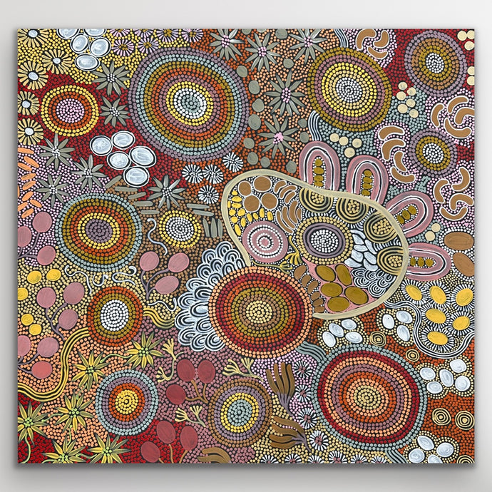 Original Aboriginal painting featuring budgerigar tracks, bush tucker motifs and detailed circular storytelling forms