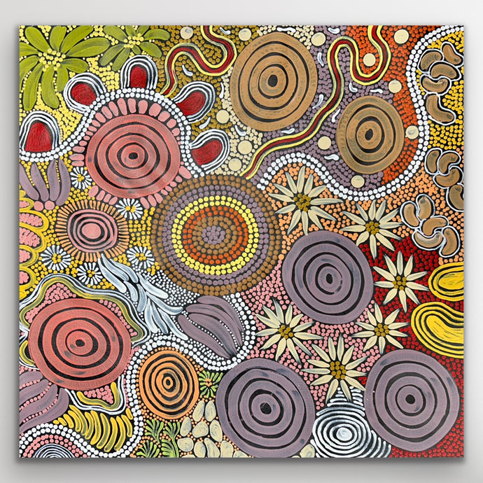 Square view of Budgerigar Dreaming painting with circular motifs and bright detailing.