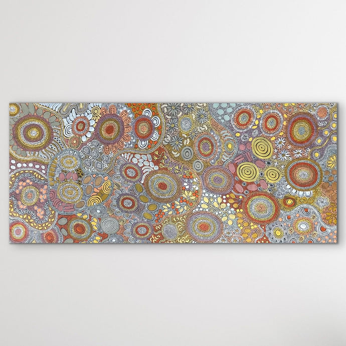 Budgerigar Dreaming by Julieanne Nungurrayi Turner displayed on white wall horizontal 201cm x 87cm