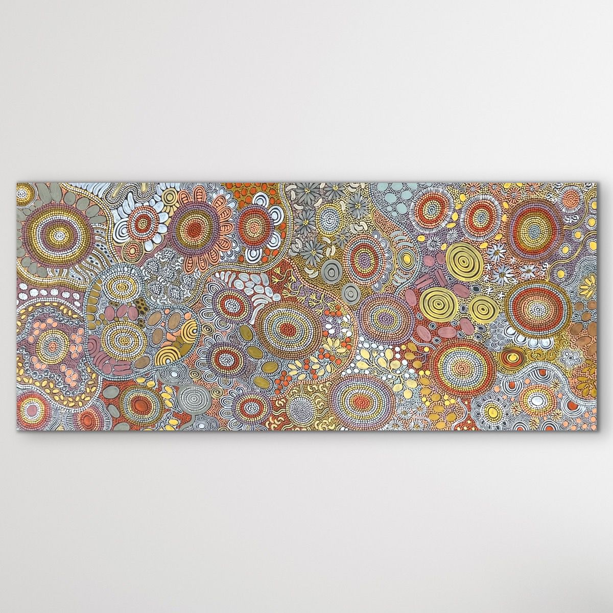 Budgerigar Dreaming by Julieanne Nungurrayi Turner displayed on white wall horizontal 201cm x 87cm