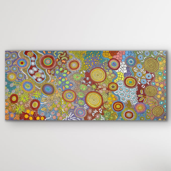 Budgerigar Story & Bush Tucker Aboriginal painting by Julieanne Nungurrayi Turner, colourful dot work on canvas 202cm x 89cm