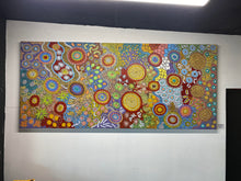 Load image into Gallery viewer, Budgerigar Story &amp; Bush Tucker Aboriginal artwork displayed on white gallery wall at Edwardstown
