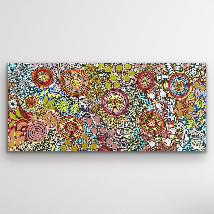 Full landscape image of Budgerigar & Bush Tucker by Julieanne Nungurrayi Turner, showing colourful circular motifs and detailed dot work.