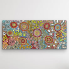 Load image into Gallery viewer, Full landscape image of Budgerigar &amp; Bush Tucker by Julieanne Nungurrayi Turner, showing colourful circular motifs and detailed dot work.
