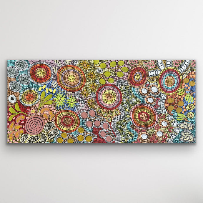 Full landscape image of Budgerigar & Bush Tucker by Julieanne Nungurrayi Turner, showing colourful circular motifs and detailed dot work.