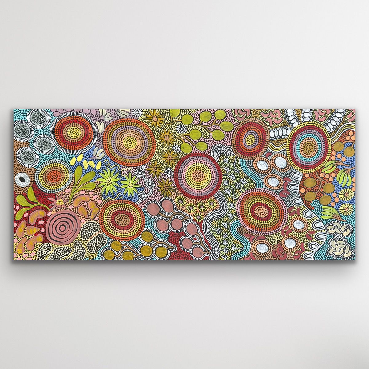 Full landscape image of Budgerigar & Bush Tucker by Julieanne Nungurrayi Turner, showing colourful circular motifs and detailed dot work.