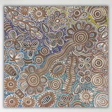 Load image into Gallery viewer, "Bush Flowers" Bernadine Johnson Kemarre 59cm x 59cm dot art pattern with brown, beige, white, blue, and yellow organic motifs.
