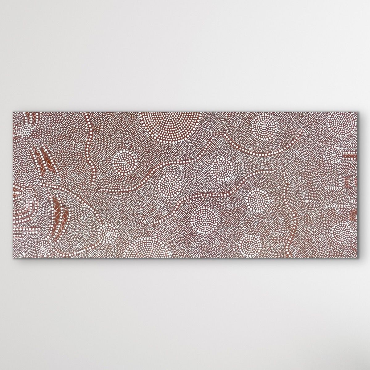 Full artwork view showing Bush Bean by Nancy Martin Napangarti, featuring natural ochres and detailed desert bush food motifs.