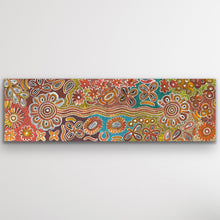Load image into Gallery viewer, Rectangular image of Bush Flowers by Bernadine Johnson Kemarre featuring vivid desert flower motifs in warm ochre and pink hues.
