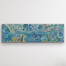 Load image into Gallery viewer, Rectangular image of Bush Flowers by Bernadine Johnson Kemarre featuring detailed dot work and flower motifs across a cool blue background.
