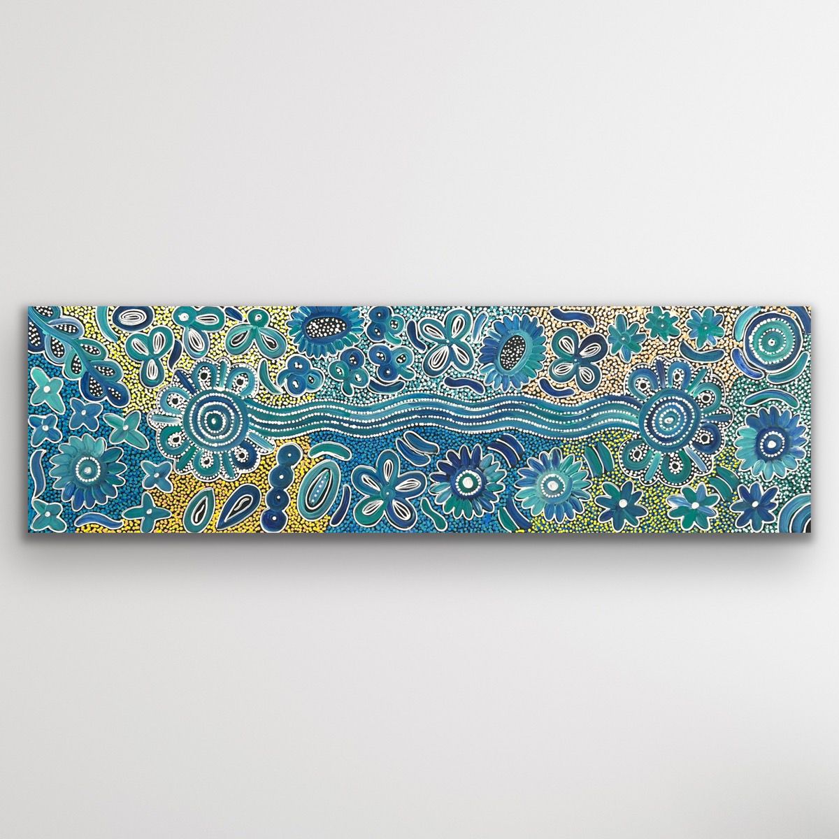 Rectangular image of Bush Flowers by Bernadine Johnson Kemarre featuring detailed dot work and flower motifs across a cool blue background.