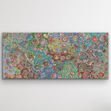 Load image into Gallery viewer, Full view of Bush Flowers showing radiant pinks, greens and ochres arranged in circular floral motifs across the large canvas.
